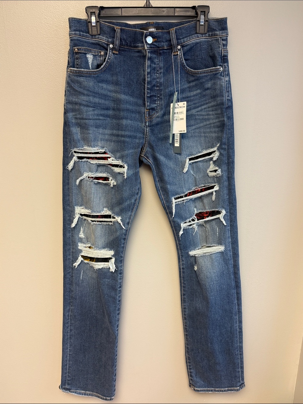 NWT AMIRI Thrasher Slim Distressed Floral Velvet Patch Jeans 30
